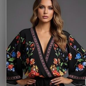BOHO Black Floral Crepe Kimono Sleeve Blouse peasant top Size S